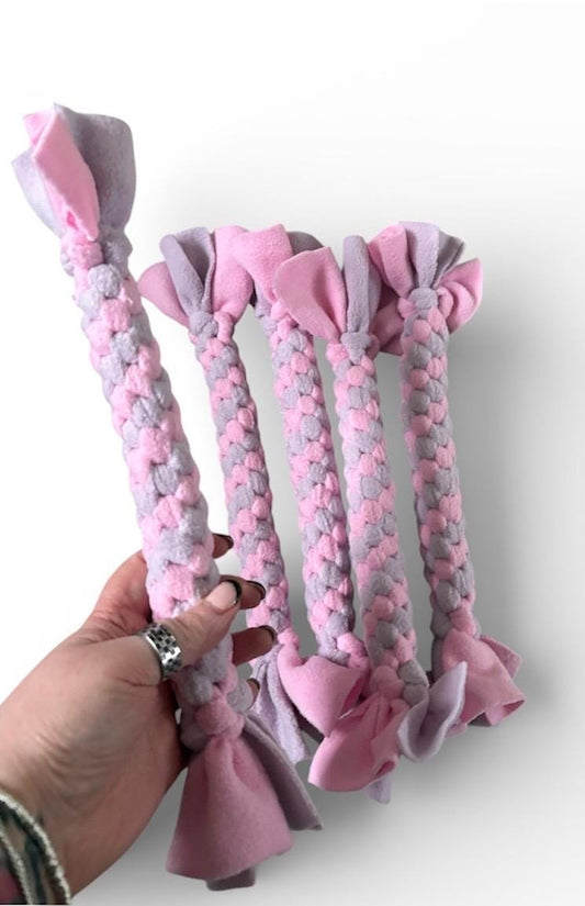 Pink/lilac Braided Fleece Dog Tug Toy: Small Breed Puppy Play