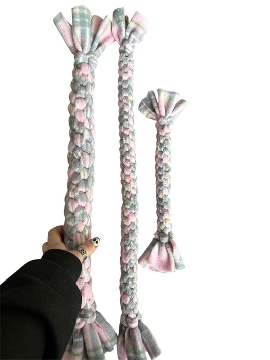 Pink and grey Braided Fleece Dog Tug Toy: Durable Interactive Play