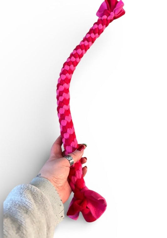 XL Red and Pink Braided Fleece Dog Tug Toy: Durable Interactive Play