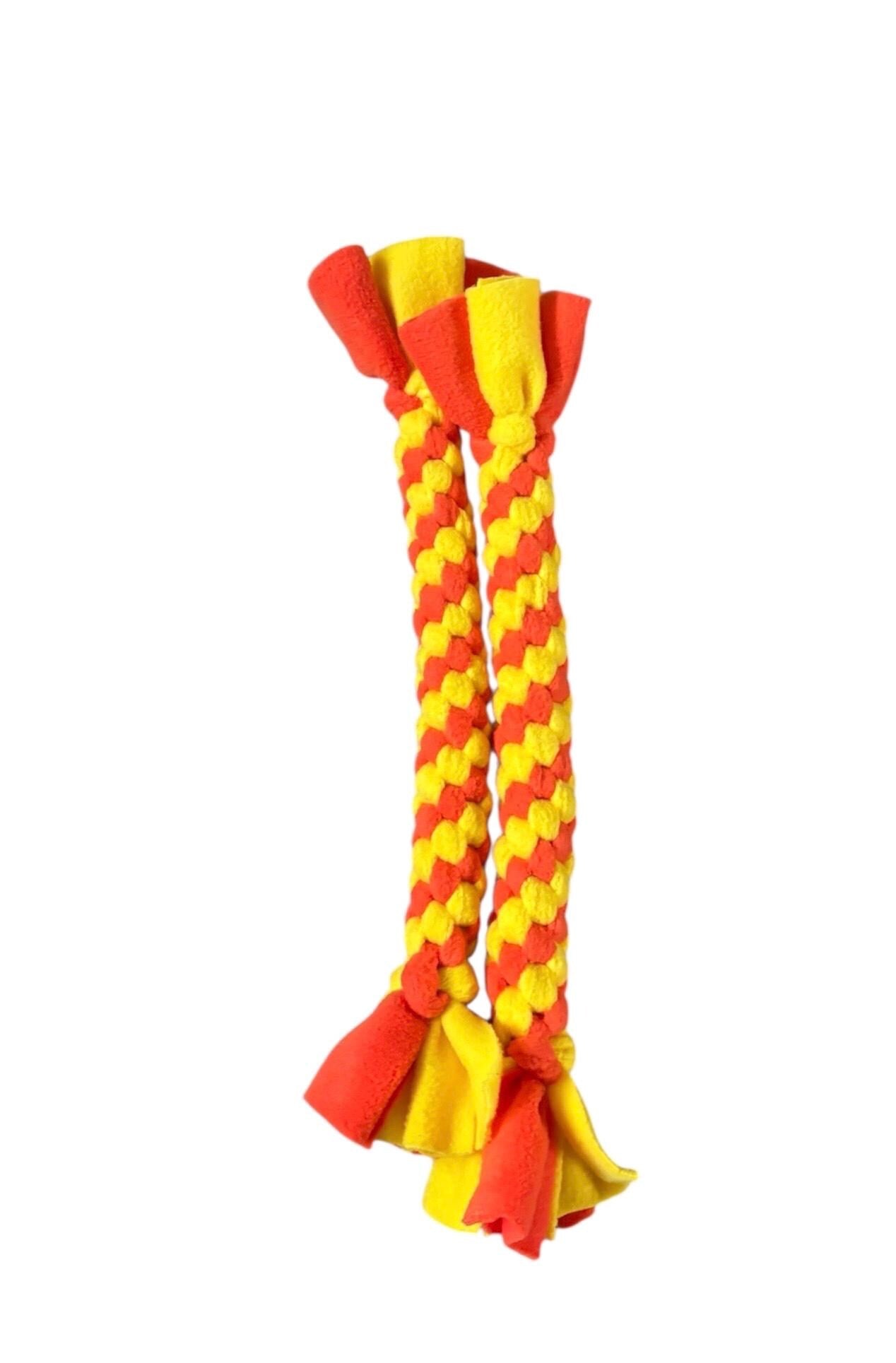 Yellow and orange Braided Fleece Dog Tug Toy: Durable Interactive Play