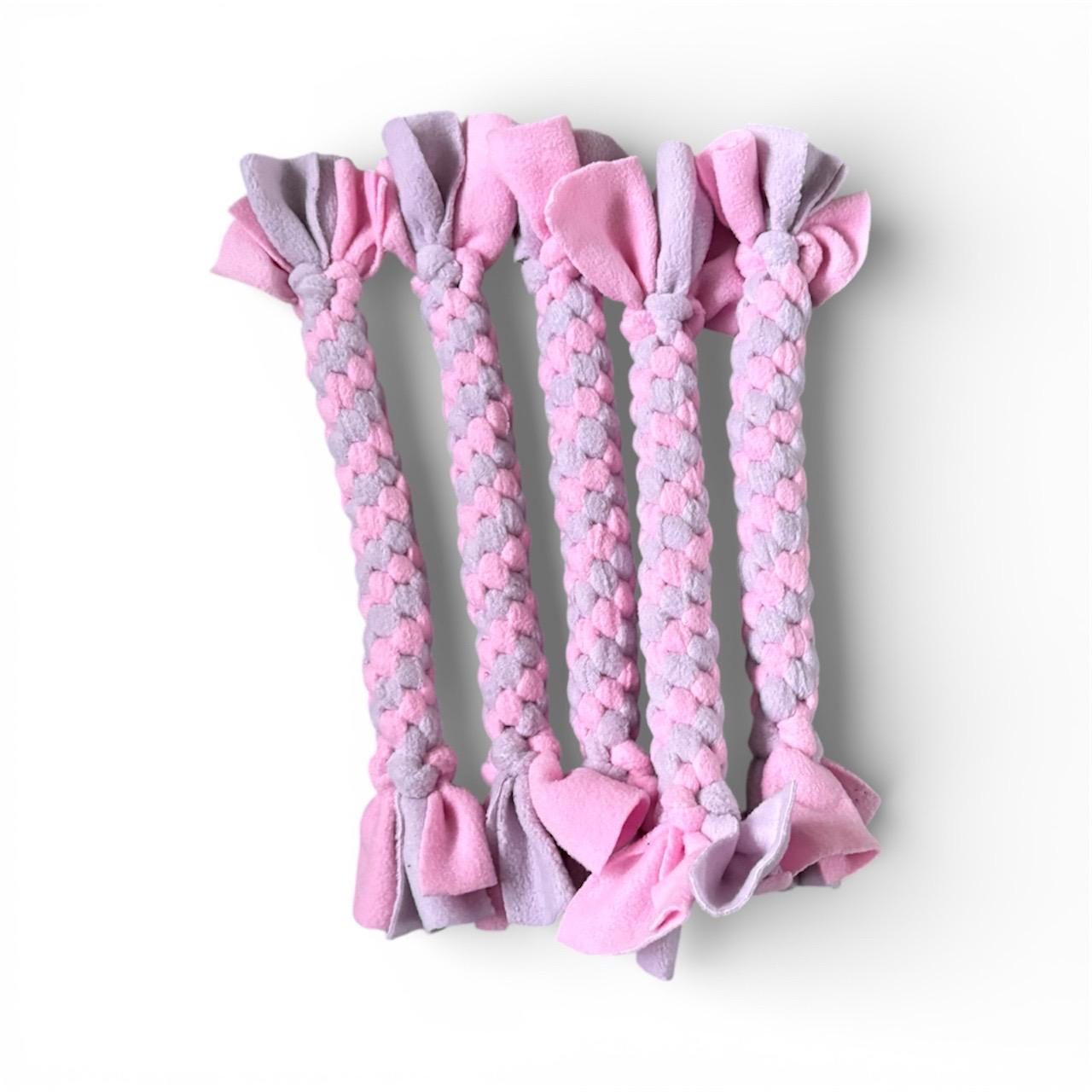 Pink/lilac Braided Fleece Dog Tug Toy: Small Breed Puppy Play