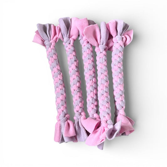 Pink/lilac Braided Fleece Dog Tug Toy: Small Breed Puppy Play